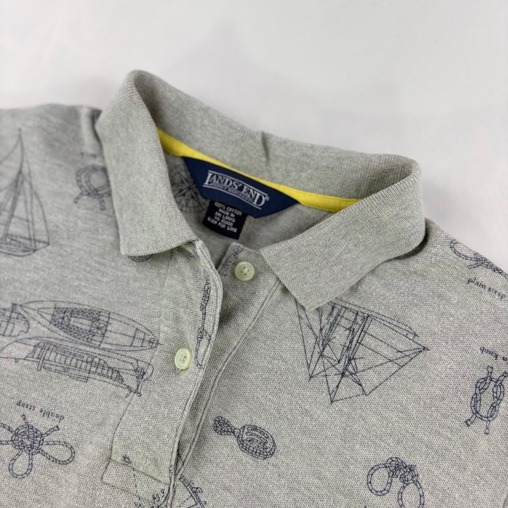 Lands' End Nautical Print Polo Shirt Women's Small Gray Cotton Pique Short